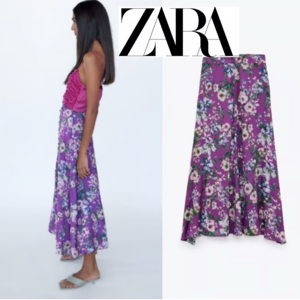 Zara Vibrant Purple Floral A-Line Skirt long xl